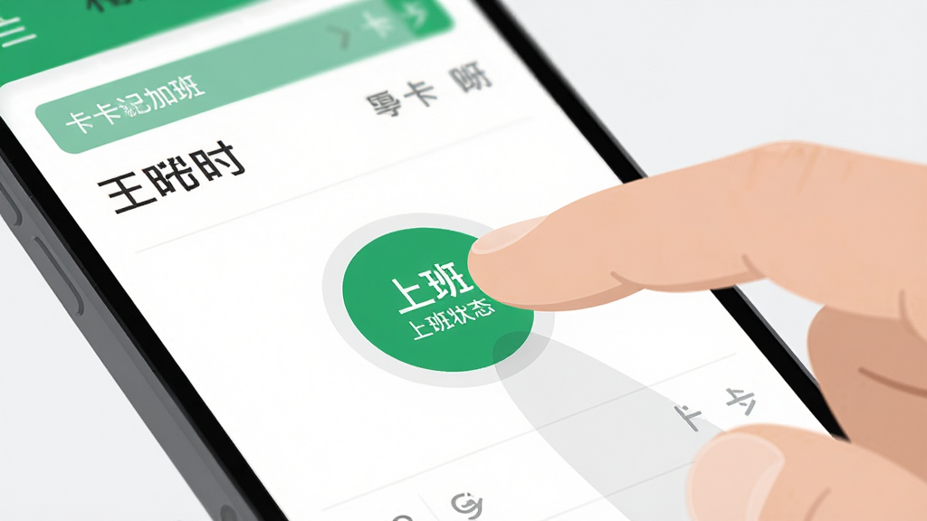 极简记加班 打卡按钮特写 手指点击手机屏幕上的圆形打卡按钮 按钮显示绿色上班状态 背景为简洁的工时记录界面 突出极速打卡的便捷性 扁平化风格 高清画质 干净无多余元素