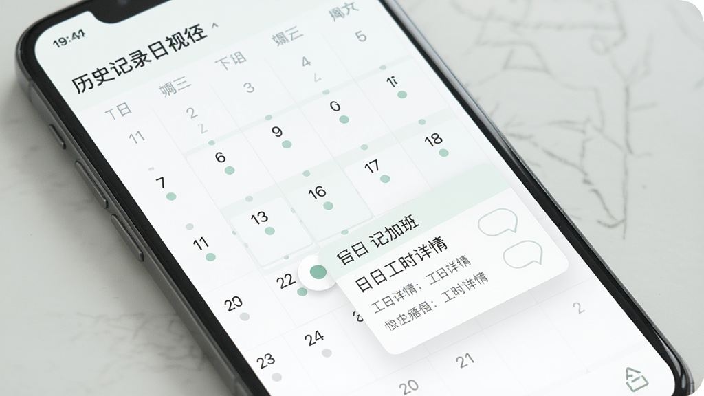 极简记加班 历史记录日历视图 手机屏幕显示月历 有记录的日期下方有小圆点标记 点击某天弹出当日工时详情卡片 界面配色清新素雅 布局清晰 高清画质 无多余元素
