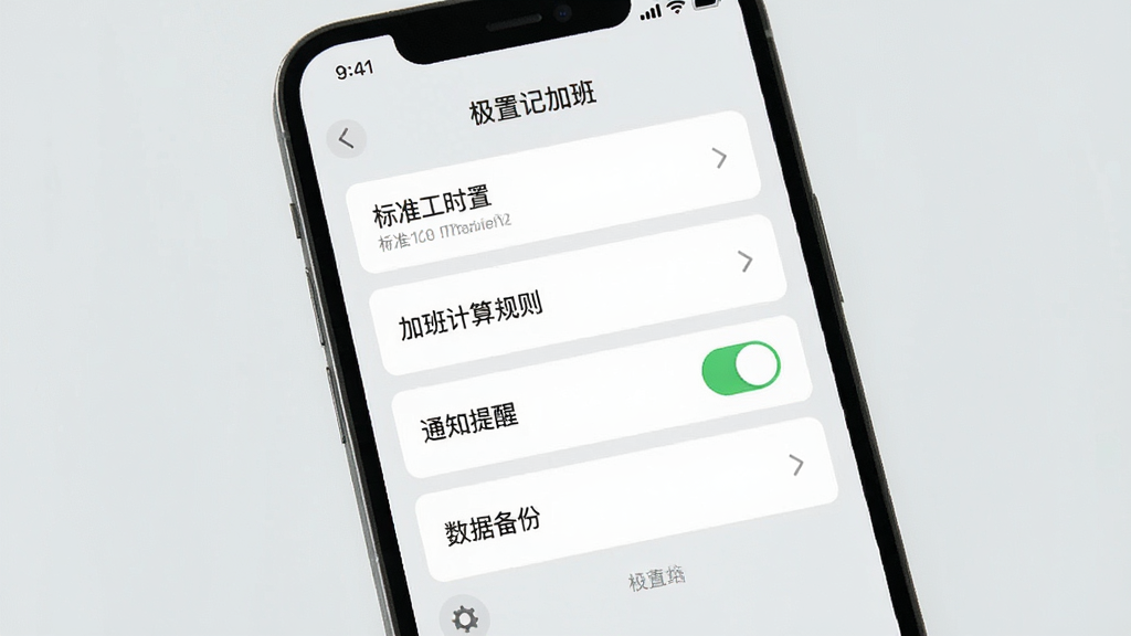 极简记加班 设置页面展示 手机屏幕显示设置选项列表 包括标准工时设置 加班计算规则 通知提醒开关 数据备份选项 界面采用浅灰色背景与白色卡片 排版整齐 高清画质 无多余元素
