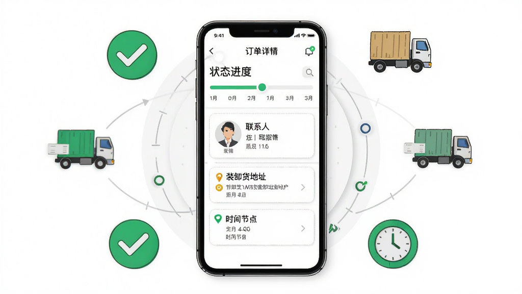 金驮司机订单全流程管理功能示意图,画面中央为手机屏幕显示订单详情页,包含状态进度条、联系人卡片、装卸货地址、时间节点等信息,屏幕周围环绕对勾图标、货车图标、时间轴元素,布局采用环绕式构图,风格为简洁商务插画,细节包括绿色状态标识、灰色分割线、白色背景,画质高清,无多余装饰