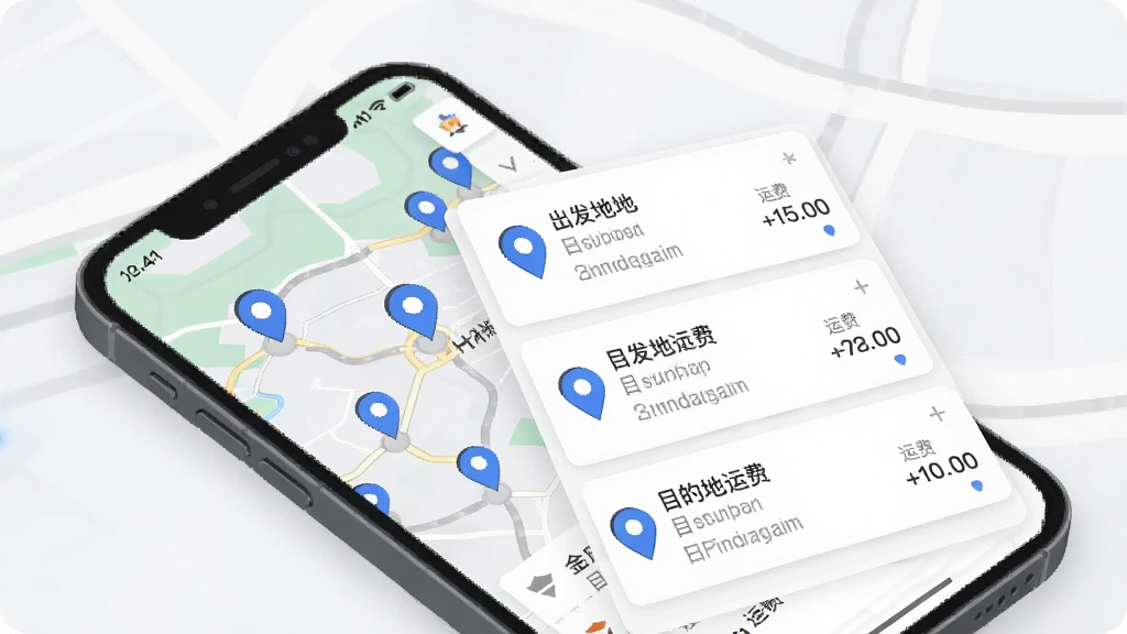 金驮司机软件中附近货源智能匹配功能的界面展示图,画面主体为手机屏幕,屏幕内呈现地图与订单列表叠加的布局,地图上有多个定位标记点,列表卡片显示出发地目的地和运费信息,排版采用上下分栏结构,风格为现代扁平化UI插画,细节包括蓝色定位图标、白色卡片、灰色文字层级,画质清晰,画面干净整洁