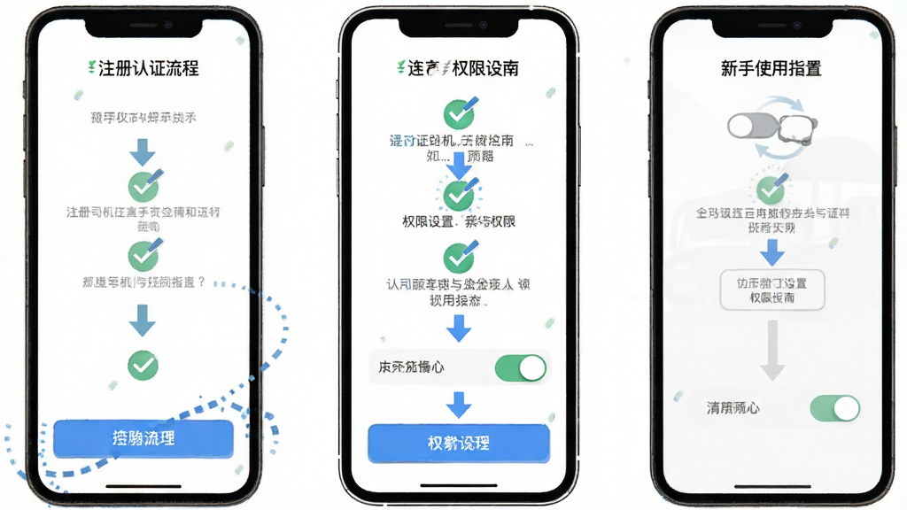 金驮司机新手使用指南示意图,画面为手机屏幕展示注册认证流程与权限设置界面,包含步骤指示箭头、勾选图标、权限开关按钮,布局为纵向流程排版,风格为简洁教程插画,细节包括蓝色高亮按钮、灰色说明文字、白色背景,画质清晰,无多余元素