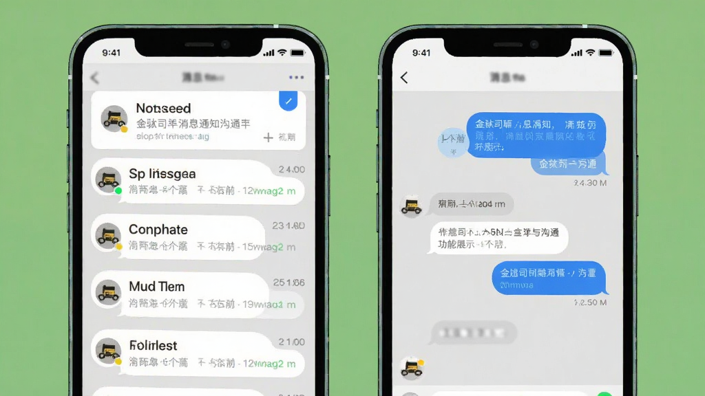 金驮司机消息通知与沟通功能展示图,画面为手机屏幕显示消息列表与聊天对话界面,包含通知卡片、对话气泡、时间戳,布局为左右分栏,风格为轻量社交UI插画,细节包括蓝色未读标记、白色气泡、灰色背景,画质高清,无多余元素