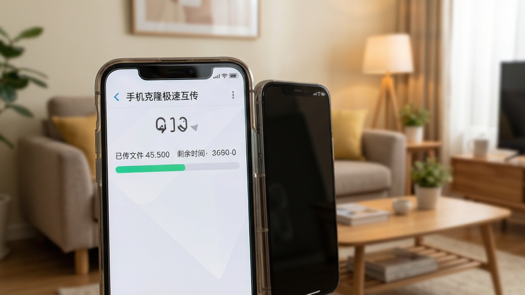 一部智能手机屏幕特写,界面显示“手机克隆极速互传”正在传输文件的进度条,进度条上方显示已传文件数量和剩余时间,背景是温馨的家庭客厅场景,两部手机并排放置,画面风格写实,画质清晰,干净无多余元素