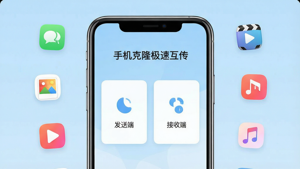 一张高清手机应用界面展示图,画面中央是一部现代智能手机,屏幕显示“手机克隆极速互传”应用主界面,界面布局包含“发送端”和“接收端”两个大按钮,背景为浅蓝色渐变,周围环绕着通讯录、照片、视频、音乐等小图标,整体风格清爽简洁,画质清晰,干净无多余元素