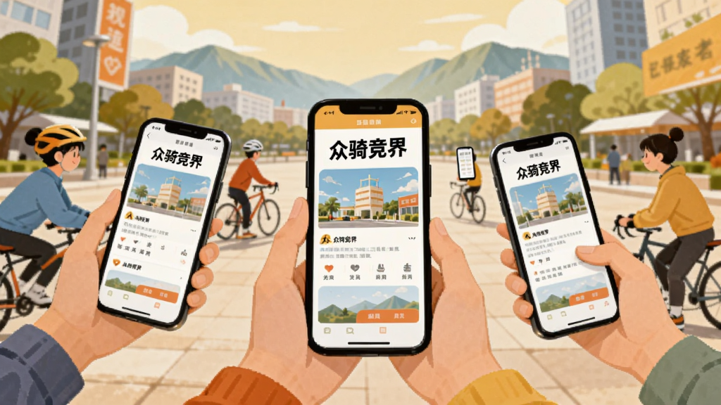 画面展示一个充满活力的骑行社区场景,多位骑行爱好者聚集在一起,每个人手中拿着手机,手机屏幕上都显示着