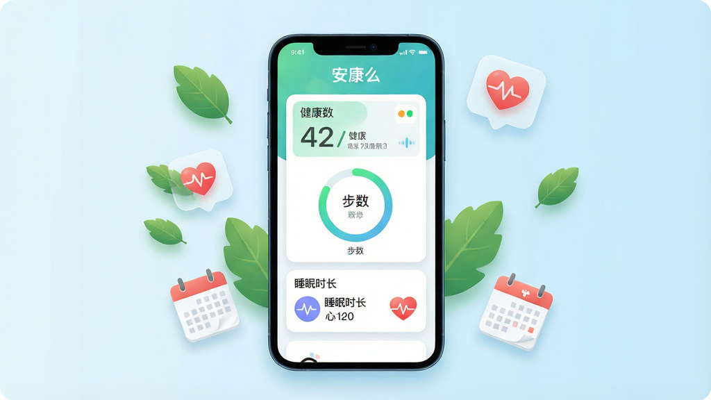 一张展示“安康么”软件主界面的手机应用截图风格图片,画面中心是一部竖屏智能手机,屏幕内显示健康数据卡片、步数圆环、睡眠时长与心率图标,手机周围漂浮着绿色叶子、心形图标与日历元素,背景为浅蓝渐变,整体风格清新干净,排版居中对称,细节包含柔和阴影与圆角卡片,画质清晰,干净,无多余元素