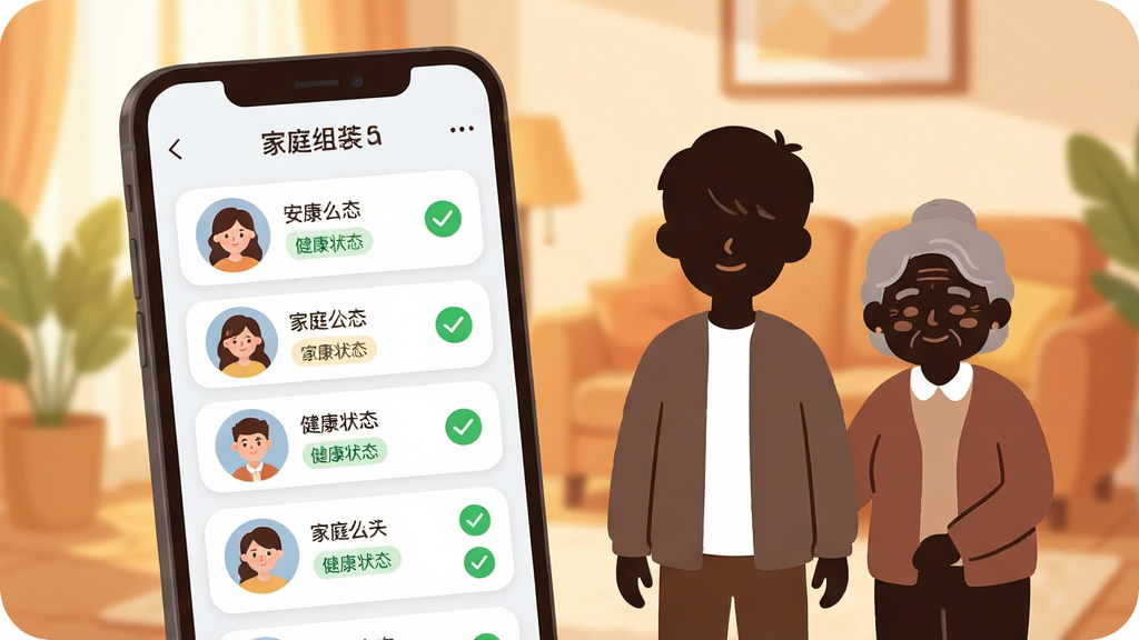 一张展示“安康么”家庭成员管理功能的界面示意图,画面中一部手机屏幕显示家庭组列表,包含多位家庭成员头像与健康状态标签,手机旁有两位卡通人物剪影,一位年轻人与一位老年人,背景为暖色调客厅场景,排版温馨自然,风格柔和插画,细节包含圆角卡片与绿色对勾图标,画质清晰,干净,无多余元素