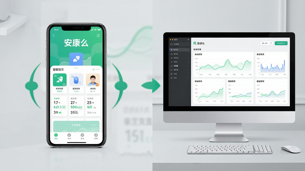一张展示“安康么”在手机与电脑模拟器上同时运行的对比示意图,画面左侧为竖屏手机显示健康首页,右侧为电脑屏幕显示模拟器中的数据看板,背景为浅灰色桌面,排版左右对称,风格科技简约,细节包含同步箭头图标与绿色数据线条,画质清晰,干净,无多余元素