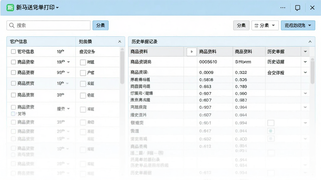 一张新马送货单打印软件数据管理界面的图片,画面中展示客户信息列表、商品资料表格和历史单据记录,表格内数据排列整齐,有搜索框和分类筛选按钮,界面配色清爽,以白色和淡蓝色为主,布局清晰有条理,画质干净无多余装饰。