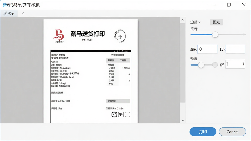 一张展示新马送货单打印软件打印预览与边距调整界面的图片,画面中有打印预览窗口显示送货单效果,右侧有边距微调滑块和数值输入框,底部有打印按钮和取消按钮,界面风格简洁实用,配色清爽,画质清晰,无多余元素。