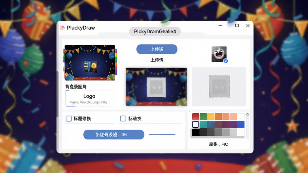 PLuckyDraw(年会抽奖软件)个性化设置界面图,画面展示软件的设置面板,面板内有背景图片上传、Logo替换、标题修改等选项,背景为节日庆典风格,布局为居中设置窗口,风格为简洁实用风,细节包括上传按钮、预览区域、颜色选择器,画质清晰,干净,无多余元素