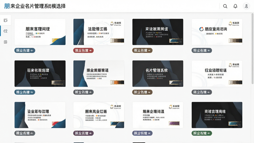 一张展示朋来企业名片管理系统模板选择界面的图片,主体为软件中的名片模板库页面,布局为网格状排列的多种行业名片模板,排版整齐,风格为清爽商务风,细节包括模板缩略图、行业分类标签、颜色搭配示例,画质高清,画面干净,无多余元素