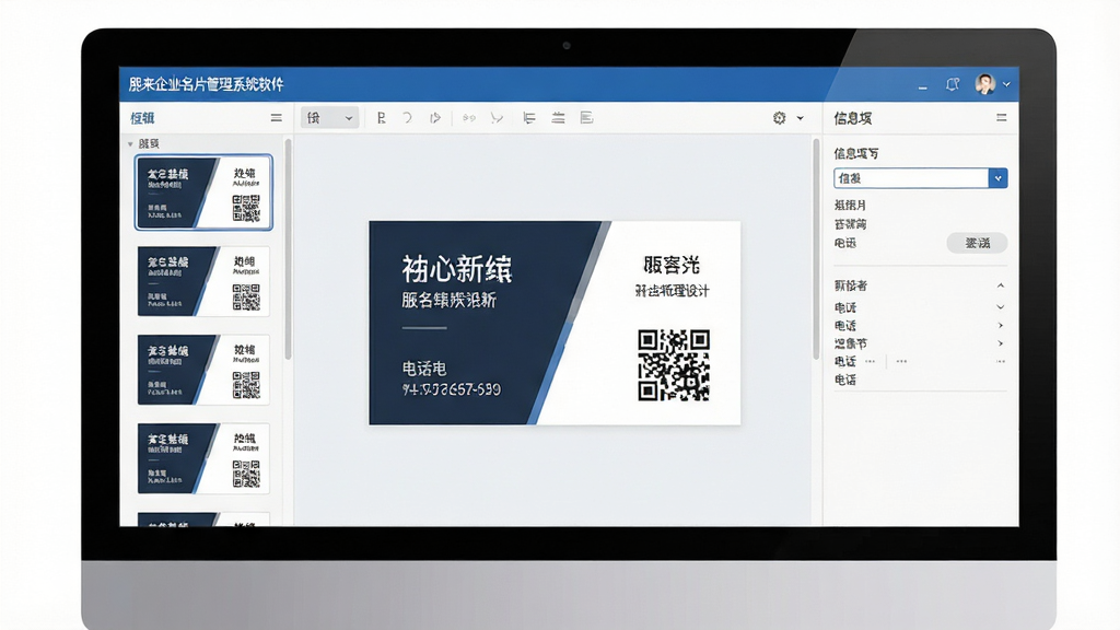 一张展示朋来企业名片管理系统软件界面的整体预览图,主体为电脑屏幕中打开的名片编辑界面,左侧显示名片模板列表,中间为名片编辑区域,右侧为信息填写面板,布局清晰,排版整齐,风格为现代商务简约风,细节包括名片上的姓名、职位、电话、二维码等元素,画质高清,画面干净,无多余元素