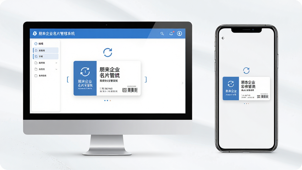 一张展示朋来企业名片管理系统多端同步功能的图片,主体为电脑与手机并排展示同一张电子名片,布局为左侧电脑端编辑界面、右侧手机端预览界面,排版对称,风格为现代简约风,细节包括同步图标、名片内容一致性、设备边框,画质高清,画面干净,无多余元素