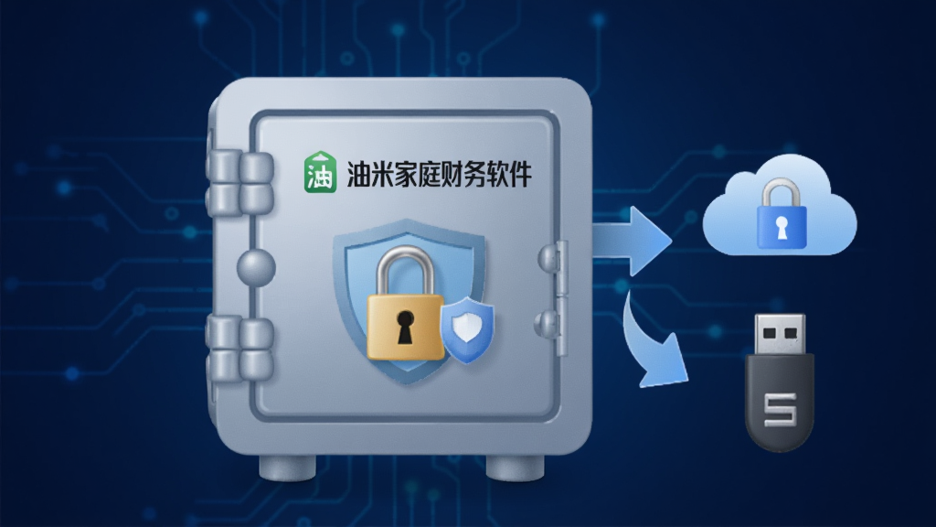 一张展示数据安全备份功能的图片,画面主体是一个保险箱形状的图标,图标内部有油米家庭财务软件升级补丁的Logo和加密锁符号,旁边有备份箭头指向云盘和U盘图标,背景是深蓝色科技感渐变,风格简洁安全,细节清晰,画质干净无多余元素