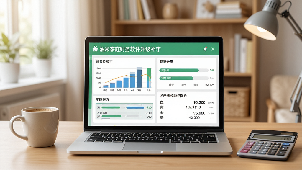一张展示家庭财务管理的场景图,画面中央是一台打开的笔记本电脑,屏幕上显示着油米家庭财务软件升级补丁的界面,界面中有清晰的收支图表、预算进度条和资产统计数字,电脑旁边放着一杯咖啡和一个计算器,背景是温馨的居家书房环境,整体风格明亮整洁,采用写实风格,细节丰富,画质清晰,干净无多余元素