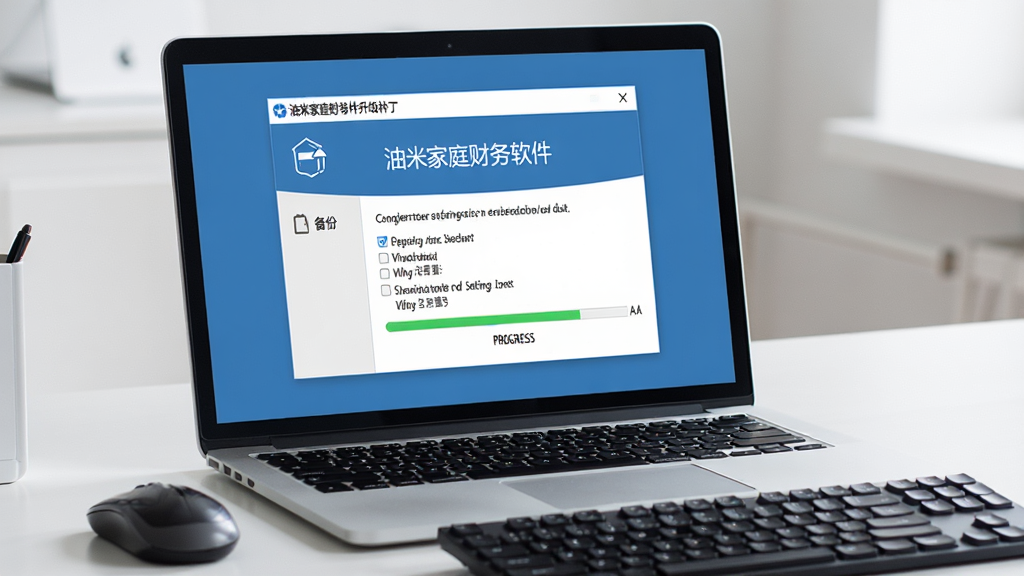 一张展示使用经验技巧的图片,画面主体是一台笔记本电脑屏幕,屏幕上显示着油米家庭财务软件升级补丁的安装界面,界面中有备份提示、兼容性设置选项和进度条,屏幕旁边有鼠标和键盘,背景是简洁的办公桌,风格写实清晰,画质干净无多余元素