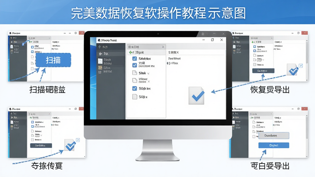 完美数据恢复软件操作教程示意图,主体为电脑屏幕展示软件操作步骤,布局为分步截图排列,排版清晰,风格为教程图解,细节包含扫描按钮、文件勾选、恢复导出等步骤标注,画质高清,画面干净,无多余元素
