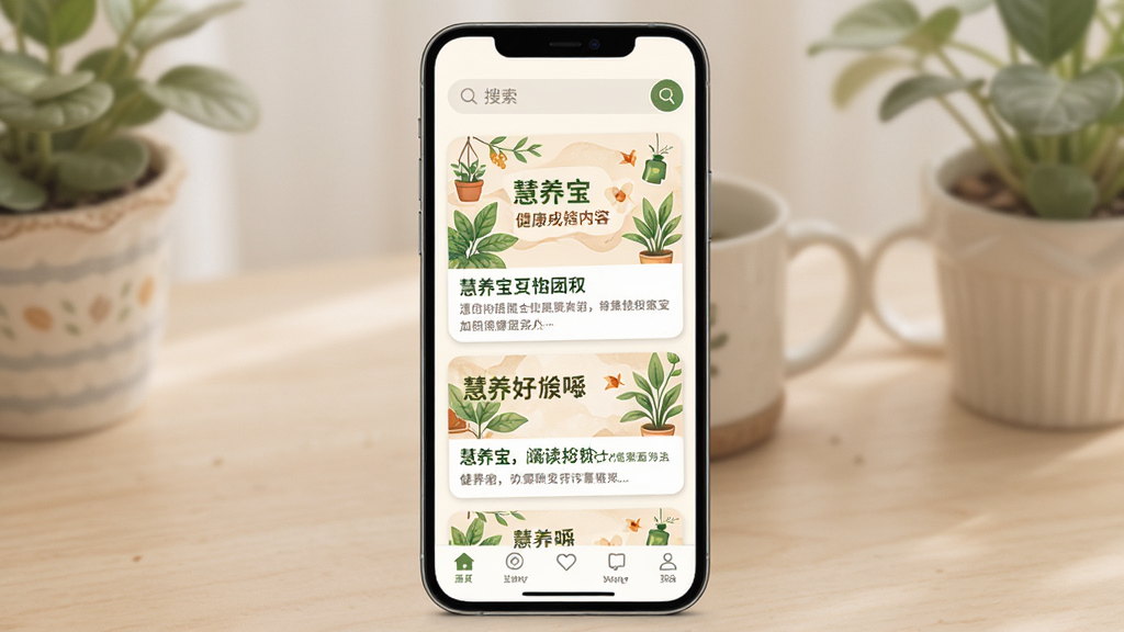 慧养宝健康科普内容页面展示图,主体为手机屏幕中的图文文章列表,布局为顶部搜索栏、中部卡片式文章封面、底部导航栏,风格温暖阅读风,细节包含绿色植物插图与标题文字,画质高清干净无多余元素
