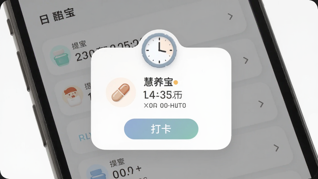 慧养宝提醒功能界面示意图,主体为手机弹出提醒卡片与时钟图标,布局为居中提醒弹窗配合背景日程列表,风格柔和圆角设计,细节包含药丸图标、时间数字与打卡按钮,画质高清干净无多余元素
