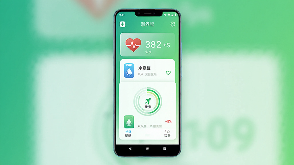 慧养宝应用主界面全景展示,主体为一部竖屏安卓手机,屏幕中呈现健康数据看板与功能图标布局,排版居中突出手机与界面细节,风格为清新简约的科技健康风,细节包含心率图标、饮水提醒、步数圆环与绿色渐变背景,画质高清干净无多余元素