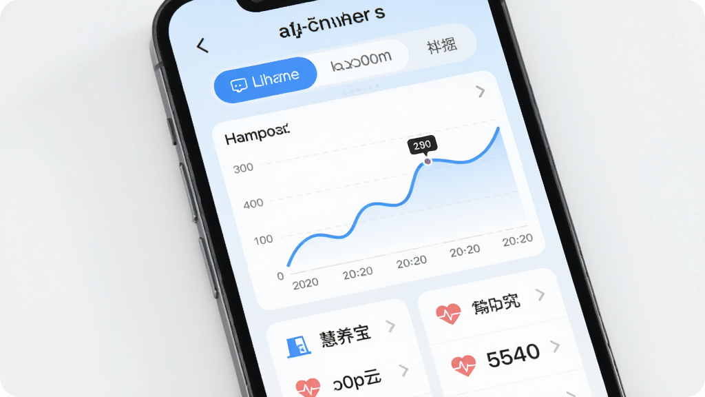 慧养宝健康数据记录功能展示图,主体为手机屏幕中的折线图与数据卡片,布局为上方指标切换标签、中部趋势曲线、下方数值列表,风格清爽浅色系,细节包含血压心率图标与日期刻度,画质高清干净无多余元素