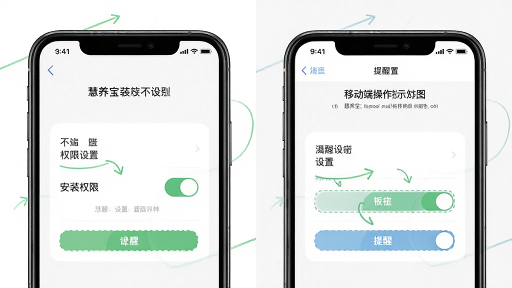 慧养宝移动端操作指引示意图,主体为手机屏幕中的安装权限设置界面与提醒设置界面并排展示,布局为左右分栏对比,风格简洁教程风,细节包含开关按钮、箭头指引与文字标注,画质高清干净无多余元素