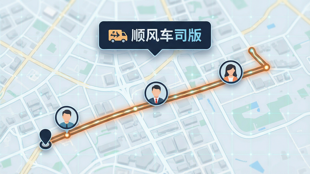 画面展示一张城市地图俯视图,地图上用高亮线条标注出一条从起点到终点的顺路路线,路线沿途分布着三个乘客头像图标,地图上方悬浮顺风车司机版文字标识,背景为浅色科技感网格,风格简洁商务,细节清晰,画质干净,无多余元素,4K高清