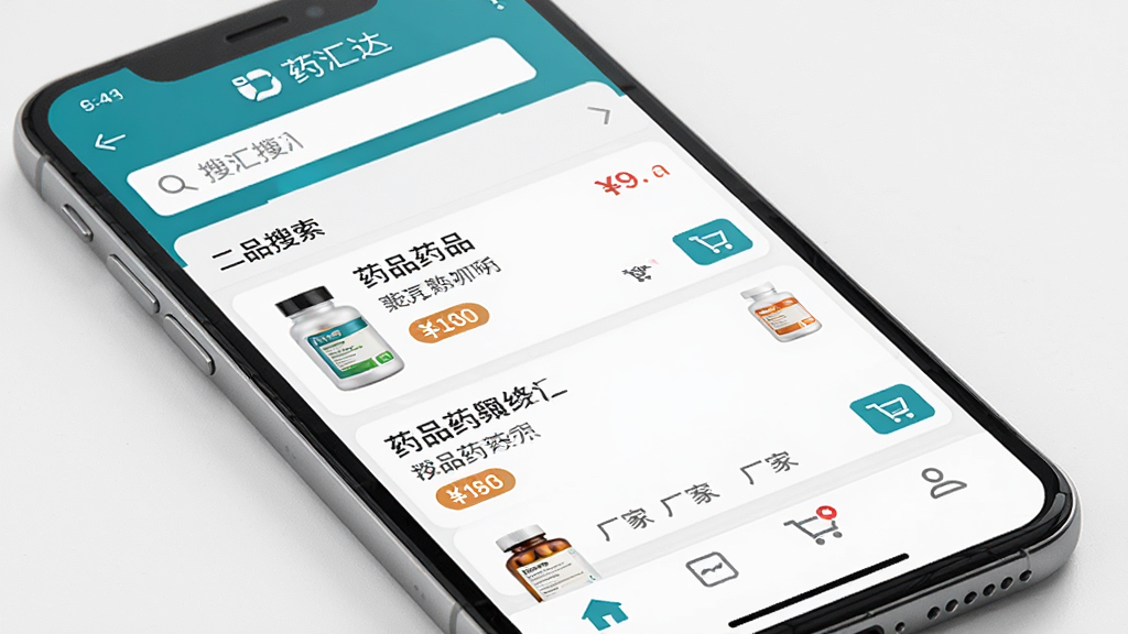 药汇达软件主界面展示,主体为一部智能手机屏幕,屏幕上显示药汇达APP的药品搜索页面,布局为顶部搜索框、中部药品列表、底部导航栏,排版清晰整齐,风格为现代简约商务风,细节包括药品名称、价格标签、厂家信息、购物车图标,画质高清,干净,无多余元素