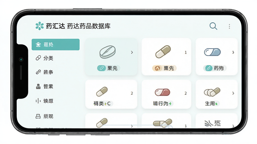 药汇达药品数据库界面,主体为手机屏幕展示药品分类列表,布局为左侧分类导航、右侧药品卡片列表,排版层次分明,风格为清新浅色系,细节包括药片图标、胶囊图标、分类标签、搜索放大镜,画质清晰,干净,无多余元素