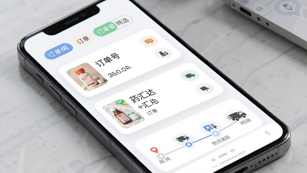 药汇达订单管理页面,主体为手机屏幕展示订单列表和物流追踪地图,布局为顶部订单状态筛选标签、中部订单卡片、底部物流时间轴,排版清晰有序,风格为柔和圆角设计,细节包括订单编号、药品缩略图、物流节点图标、配送车辆图标,画质高清,干净,无多余元素