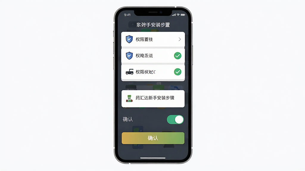 药汇达新手安装步骤示意图,主体为手机屏幕展示安装权限设置界面,布局为从上到下依次为权限列表、开关按钮、确认按钮,排版清晰,风格为扁平化设计,细节包括盾牌安全图标、对勾标记、提示文字框,画质高清,干净,无多余元素