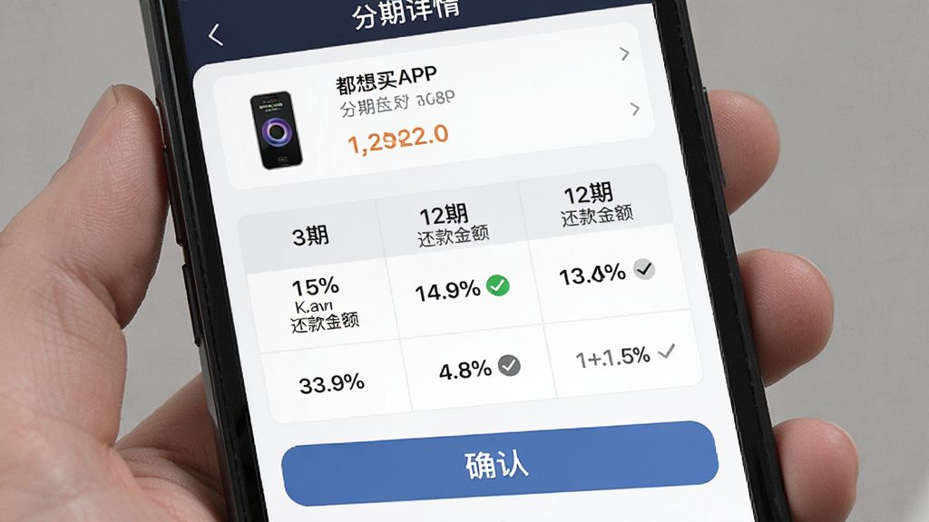 一张手机界面展示分期方案对比表格,主体为都想买APP分期详情页,布局为上方商品信息、中部表格列出3期6期12期还款金额、底部确认按钮,排版清晰,风格为商务简约,细节包含数字、百分比、勾选图标,画质清晰,无多余装饰