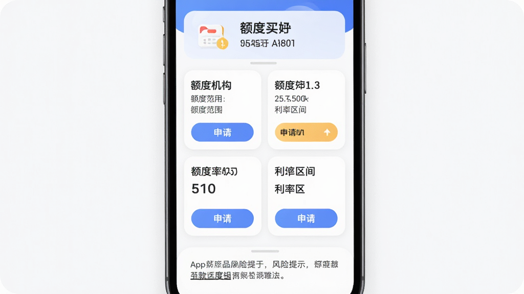 一张都想买APP借款产品列表页面,主体为手机屏幕,布局为顶部额度提示、中部多个产品卡片、底部风险提示文字,排版规整,风格为柔和圆角,细节包含机构名称、额度范围、利率区间、申请按钮,画质清晰干净,无多余元素
