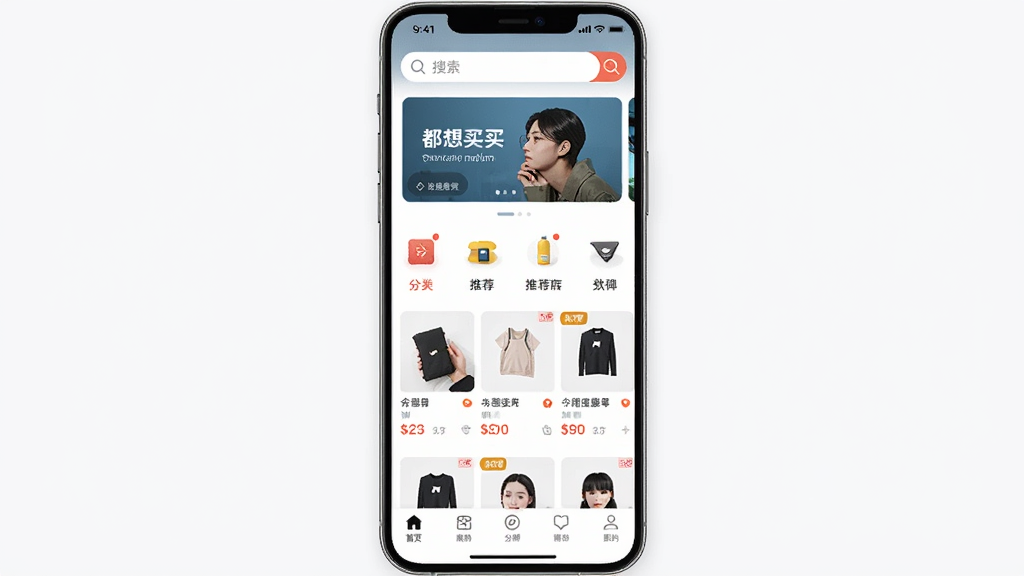 一张手机应用界面展示图,主体为都想买APP首页,布局上方为搜索栏与轮播横幅,中部为商品分类图标与推荐商品列表,底部为导航栏,排版整齐,风格为现代简约扁平化,细节包含商品缩略图、价格标签、分期提示文字,画质清晰干净,无多余元素