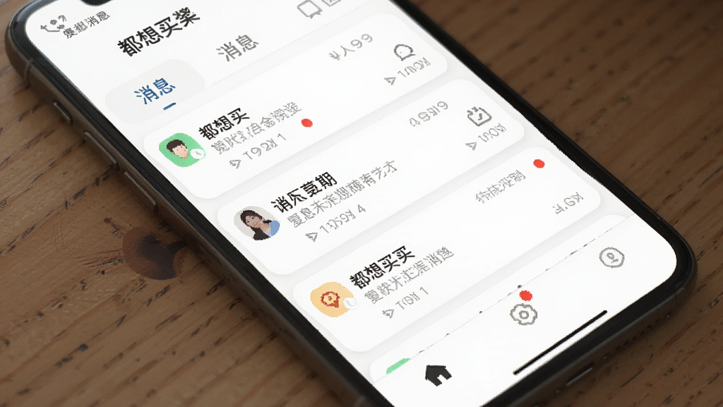 一张手机消息通知中心界面,主体为都想买APP消息列表,布局为顶部标签栏、中部消息卡片、底部导航,排版简洁,风格为素雅极简,细节包含图标、时间戳、未读红点,画质清晰,画面干净