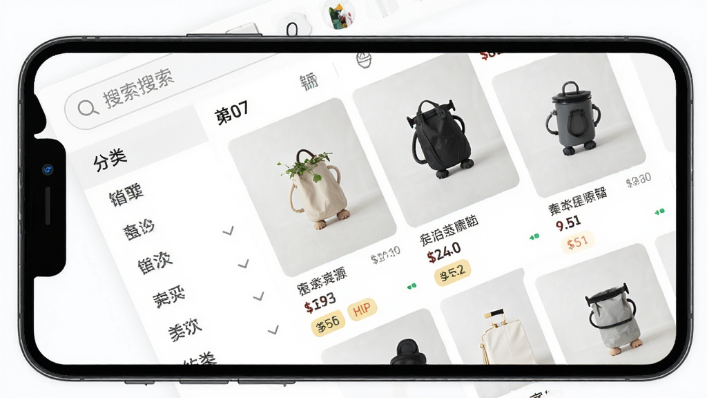 一张都想买APP商品聚合页面截图,主体为手机屏幕,布局为顶部搜索框、左侧分类栏、右侧商品瀑布流,排版紧凑,风格为清新浅色,细节包含商品图片、价格、销量标签,画质高清,画面干净无杂乱元素