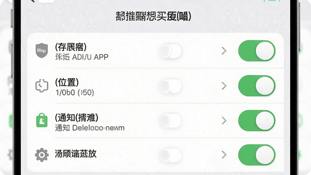 一张手机安全设置界面示意图,主体为都想买APP权限管理页面,布局为权限列表与开关按钮,排版清晰,风格为浅灰质感,细节包含存储、位置、通知等权限项,画质清晰,画面干净无多余元素