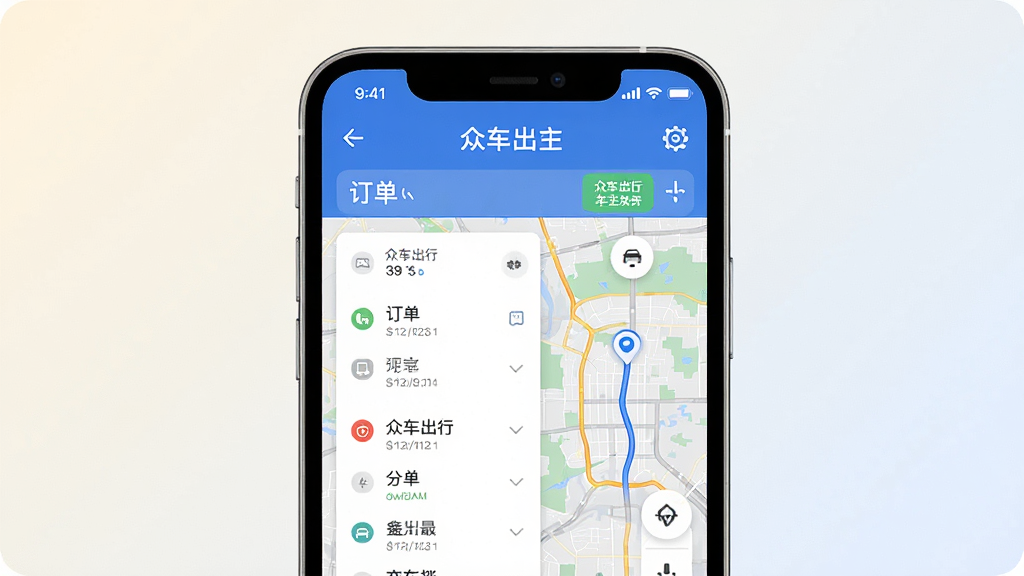 众车出行车主软件主界面截图,展示订单列表与地图导航功能,手机屏幕居中放置,背景为浅色渐变,风格简洁现代,细节清晰可见,画质高清干净无多余元素