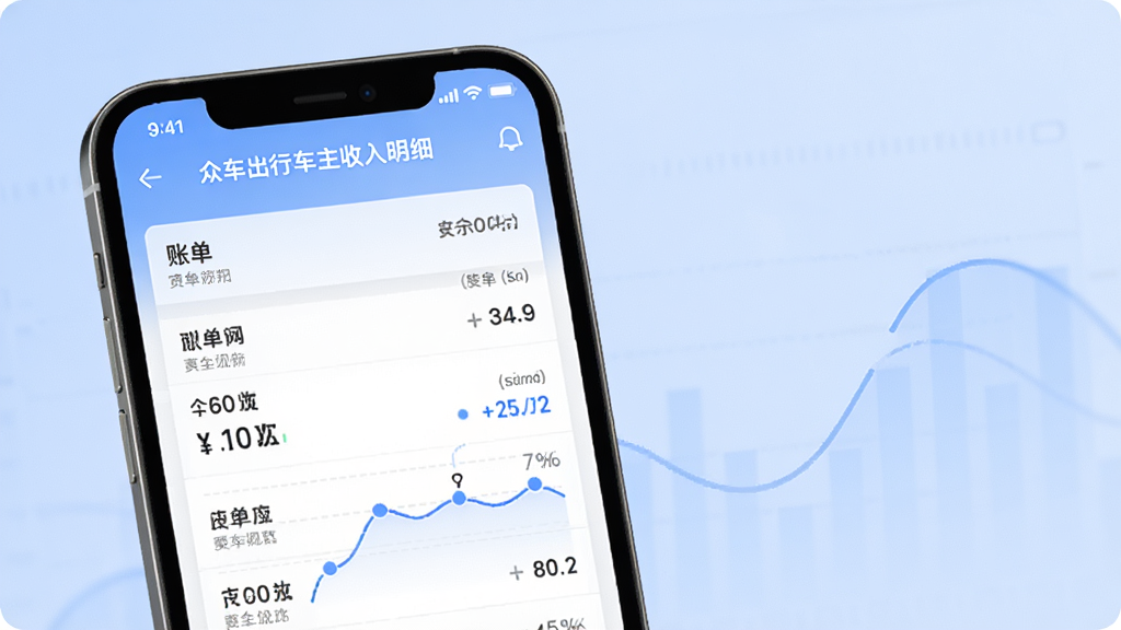 众车出行车主收入明细页面,手机屏幕展示账单列表与图表统计,背景为柔和蓝色调,风格商务简洁,排版清晰,画质高清无杂乱元素
