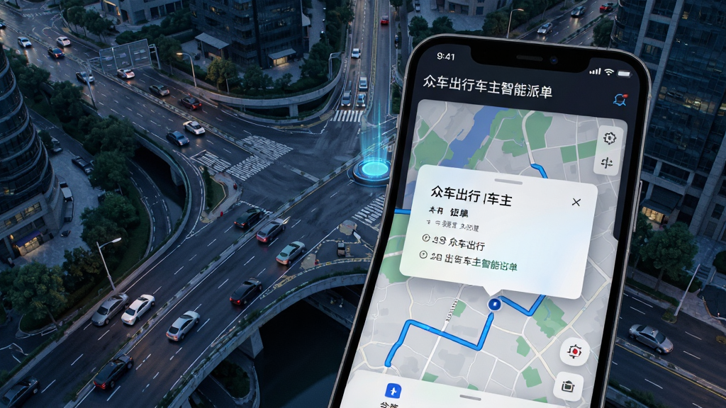 众车出行车主智能派单界面,手机屏幕显示订单弹窗与地图路线,背景为城市道路俯瞰图,风格科技感十足,细节丰富,画质清晰干净