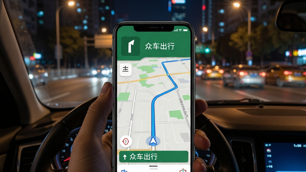 众车出行车主内置导航功能展示,手机屏幕显示地图路线与转向提示,背景为夜间城市道路,风格写实清晰,细节丰富,画质干净无多余干扰