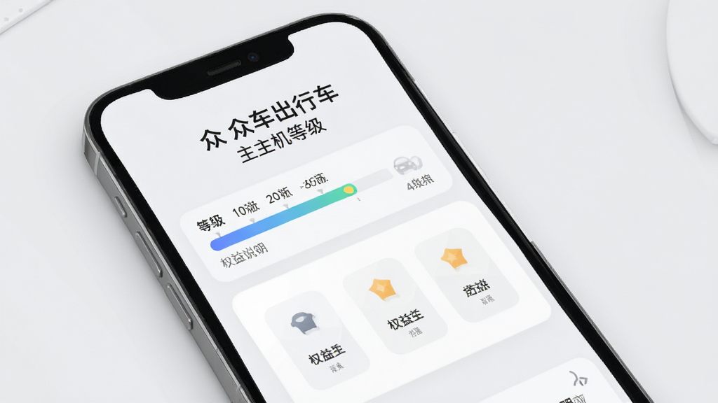 众车出行车主司机等级页面,手机屏幕展示等级进度条与权益说明,背景为浅灰色,风格清新简约,排版整齐,画质高清干净