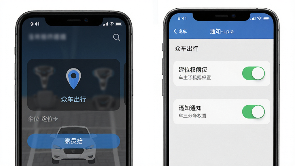 众车出行车主手机权限设置界面示意图,展示定位与通知权限开关,背景为手机设置页面,风格简洁明了,细节清晰,画质干净