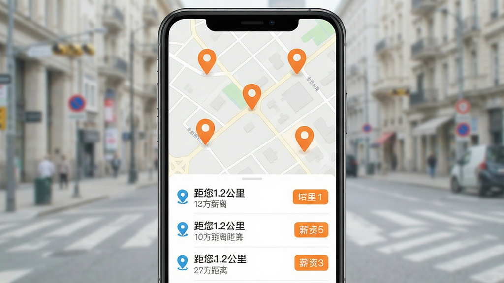 手机界面展示地图定位与岗位列表,地图上有多个橙色定位标记,下方列表显示