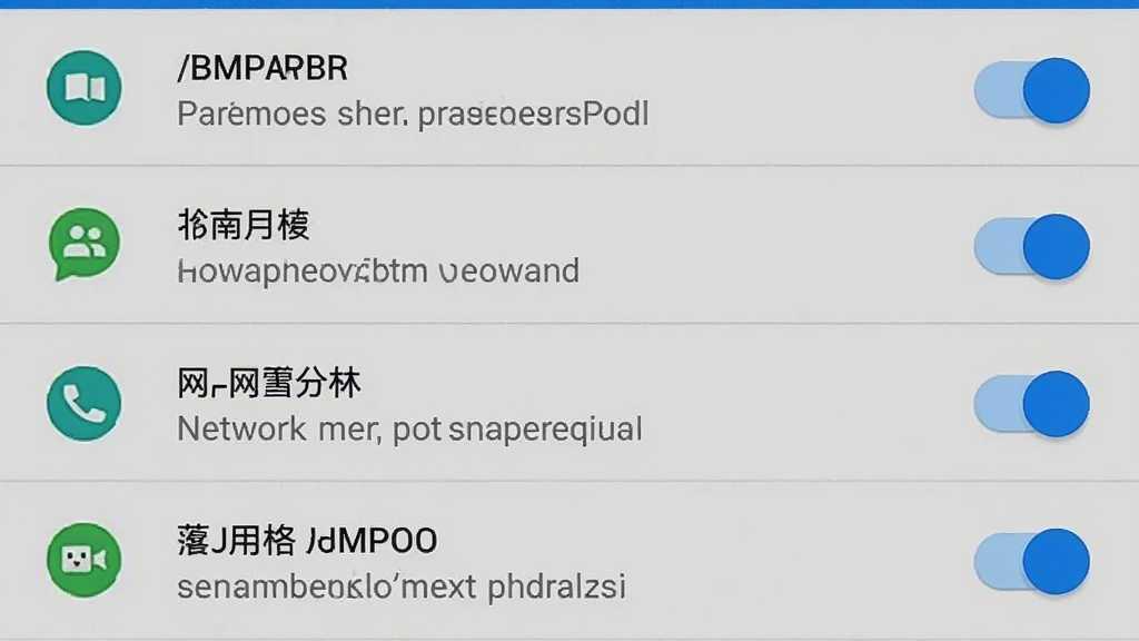 手机设置权限界面,主体为应用权限管理列表,显示位置、存储、网络等权限开关,排版为纵向列表,风格为安卓系统设置UI,细节包含蓝色开关按钮、权限图标、说明文字,画质清晰,干净,无多余元素