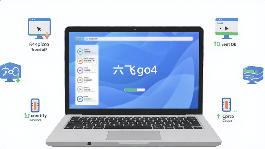 一张表现六飞go4版轻量运行的示意图,画面主体为一台笔记本电脑,屏幕上显示六飞go4版界面,周围有表示资源占用低的简洁图标,布局居中,风格清爽扁平化,细节上突出流畅与轻便,画质清晰,干净无多余元素。