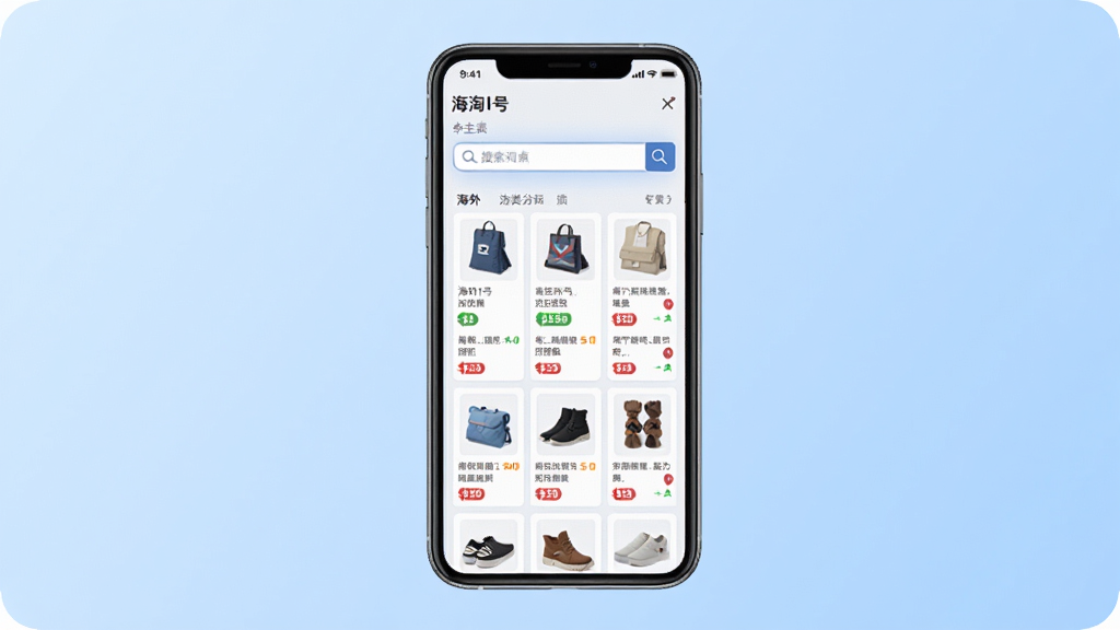 一张展示“海淘1号”软件主界面的预览图,画面中央为手机屏幕,屏幕内呈现海外商品分类列表与搜索框,背景为浅蓝色渐变,风格简洁现代,细节包含商品小图标与价格标签,画质清晰干净,无多余元素