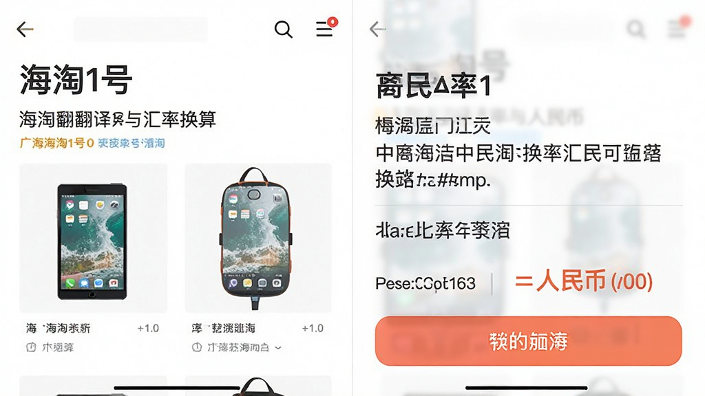 一张展示“海淘1号”翻译与汇率换算功能的界面图,画面左侧为外文商品页面,右侧为中文翻译与人民币价格显示,布局左右分栏,风格清爽,细节包含汇率数字与翻译按钮,画质清晰干净,无多余元素